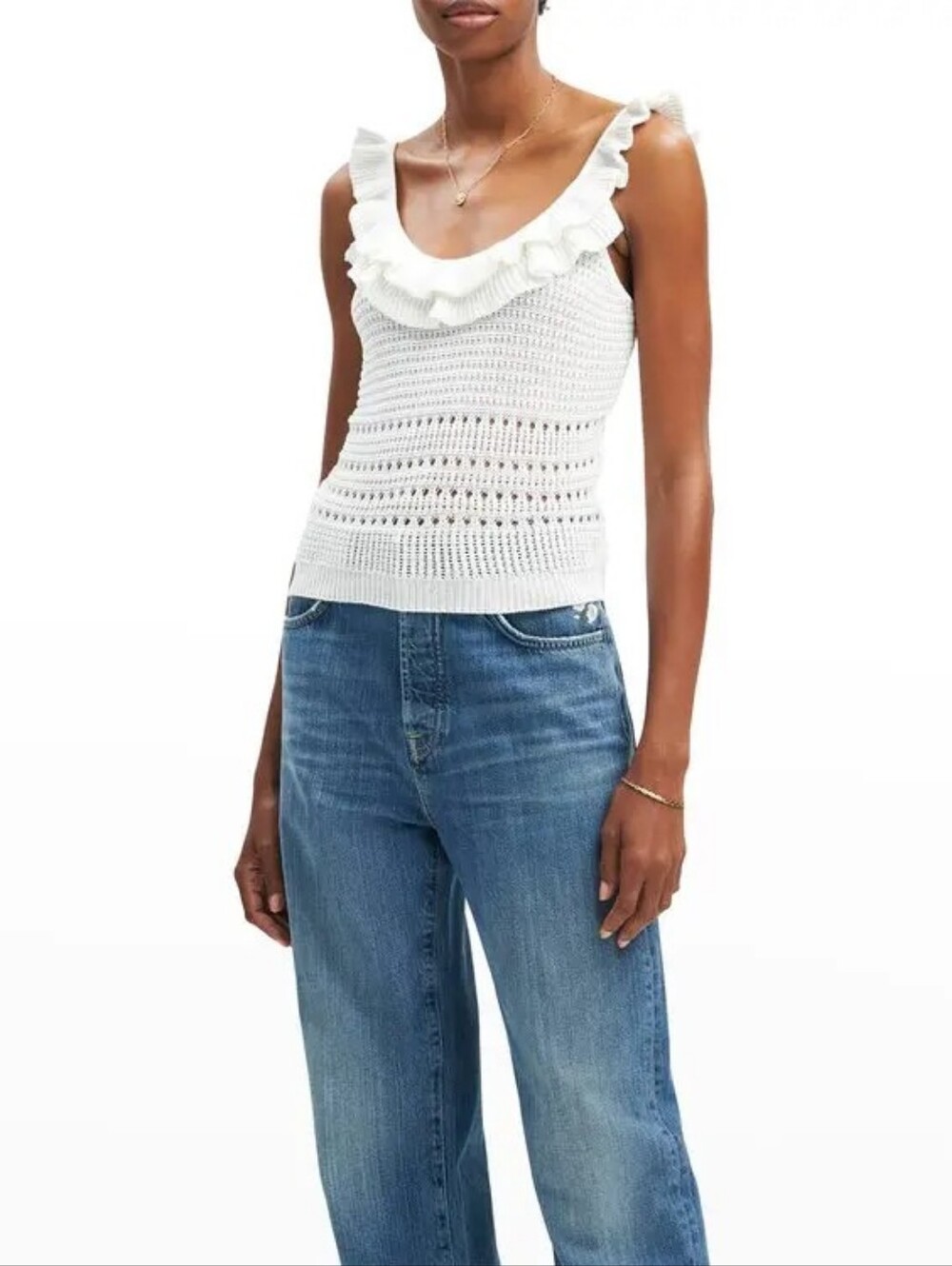 7 For All Mankind Ruffle Crochet Knit Tank Top Ecru White Size Small Cotton